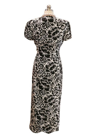 VINTAGE BLACK & WHITE SILK FLORAL AND LEAF WRAP MAXI DRESS SARONG WITH RUFFLES ON EDGE OF SKIRT