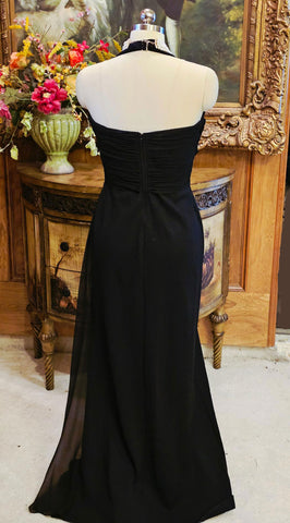 ST. JOHN EVENING BY MARIE GRAY BLACK HALTER GOWN CHIFFON SHEER SIDE SANTANA KNIT