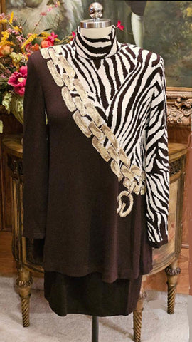 VINTAGE ST. JOHN COLLECTION BY MARIE GRAY BROWN IVORY GOLD TIGER PRINT TUNIC TOP WITH MATCHING SKIRT SET SANTANA KNIT