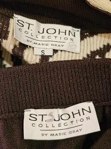 VINTAGE ST. JOHN COLLECTION BY MARIE GRAY BROWN IVORY GOLD TIGER PRINT TUNIC TOP WITH MATCHING SKIRT SET SANTANA KNIT
