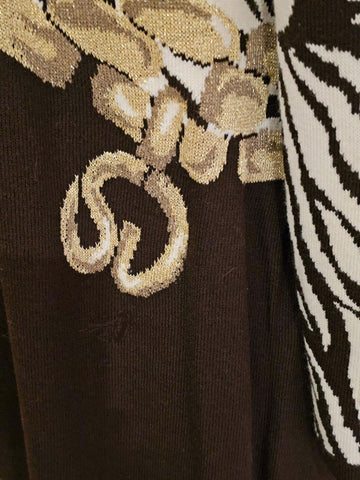 VINTAGE ST. JOHN COLLECTION BY MARIE GRAY BROWN IVORY GOLD TIGER PRINT TUNIC TOP WITH MATCHING SKIRT SET SANTANA KNIT