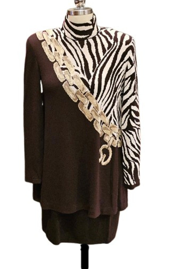 VINTAGE ST. JOHN COLLECTION BY MARIE GRAY BROWN IVORY GOLD TIGER PRINT TUNIC TOP WITH MATCHING SKIRT SET SANTANA KNIT