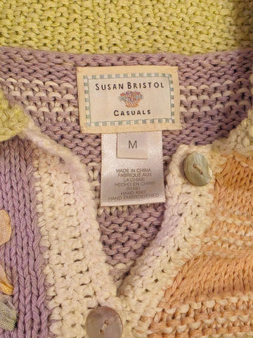 VINTAGE 1997 SUSAN BRISTOL CASUALS SLEEVELESS PASTEL SWEATER VEST HAND EMBROIDERED, PATCHWORK STYLE –  RIBBON FLOWERS