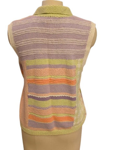 VINTAGE 1997 SUSAN BRISTOL CASUALS SLEEVELESS PASTEL SWEATER VEST HAND EMBROIDERED, PATCHWORK STYLE –  RIBBON FLOWERS