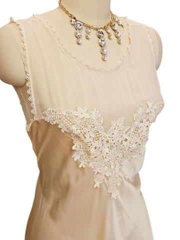 VINTAGE SAXON SILK & CHIFFON NIGHTGOWN FROM ENGLAND - IVORY  HUGE LACE APPLIQUÉ  BIAS SKIRT