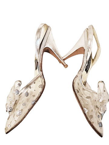 STUART WEITZMAN SILVER MESH SLINGBACKS WITH BOW – VINTAGE GLAMOUR SIZE 8½ AA