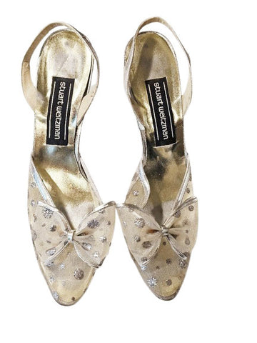 STUART WEITZMAN SILVER MESH SLINGBACKS WITH BOW – VINTAGE GLAMOUR SIZE 8½ AA