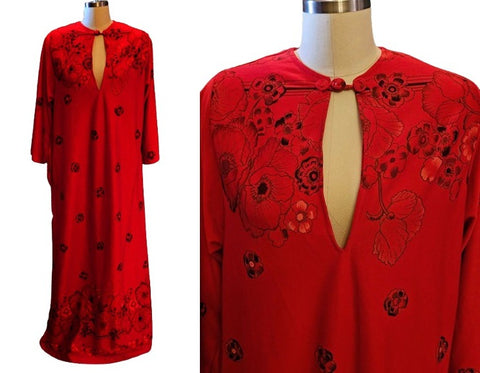 VINTAGE 1960S 1970S T V LOUNGERS ASIAN FLORAL POPPY LOUNGING DRESS SUMMER DRESS CRUISE DRESS VACATION DRESS RED LONG DRESS