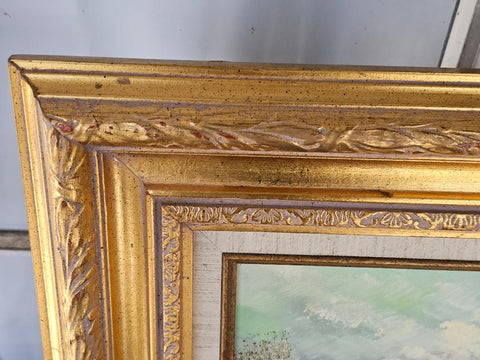 VINTAGE 1970s 3 VINTAGE GIRLS AT LAKE OIL PAINTING – HEAVY ORNATE GOLD FRAME