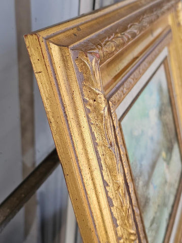 VINTAGE 1970s 3 VINTAGE GIRLS AT LAKE OIL PAINTING – HEAVY ORNATE GOLD FRAME