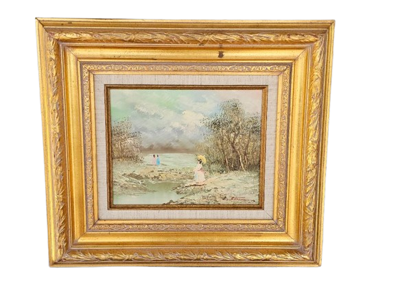 VINTAGE 1970s 3 VINTAGE GIRLS AT LAKE OIL PAINTING – HEAVY ORNATE GOLD FRAME