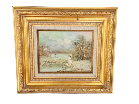 VINTAGE 1970s 3 VINTAGE GIRLS AT LAKE OIL PAINTING – HEAVY ORNATE GOLD FRAME