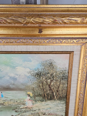 VINTAGE 1970s 3 VINTAGE GIRLS AT LAKE OIL PAINTING – HEAVY ORNATE GOLD FRAME