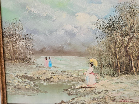 VINTAGE 1970s 3 VINTAGE GIRLS AT LAKE OIL PAINTING – HEAVY ORNATE GOLD FRAME