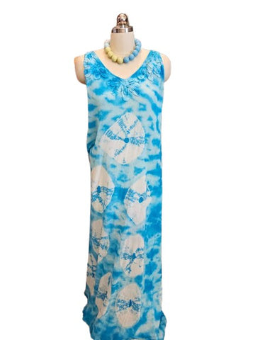 NEW - TIE-DYED PLEATED CAFTAN POOL DRESS BEACH DRESS SWIMSUIT COVERUP TURQUOISE & WT