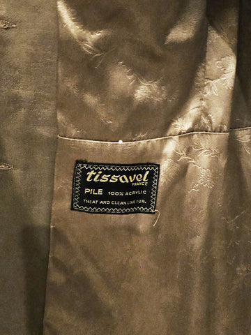 VINTAGE 60S TISSAVEL FAUX FUR LEATHER COAT BRONZE SATIN GOLD BUTTONS BELTED