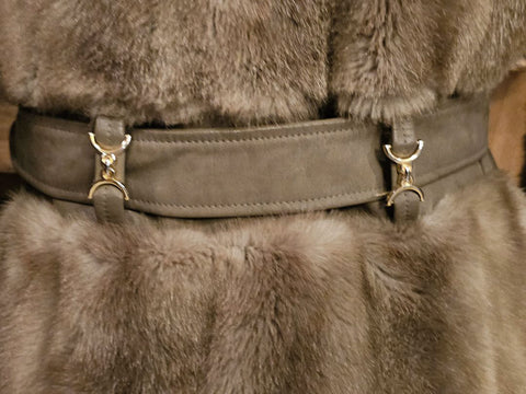 VINTAGE 60S TISSAVEL FAUX FUR LEATHER COAT BRONZE SATIN GOLD BUTTONS BELTED