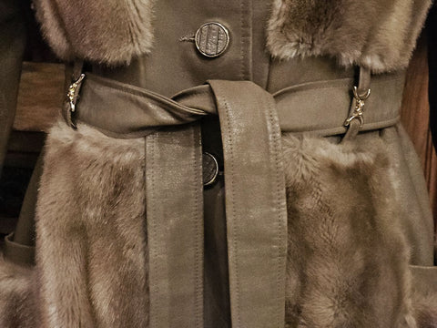 VINTAGE 60S TISSAVEL FAUX FUR LEATHER COAT BRONZE SATIN GOLD BUTTONS BELTED