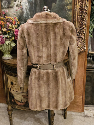 VINTAGE 60S TISSAVEL FAUX FUR LEATHER COAT BRONZE SATIN GOLD BUTTONS BELTED