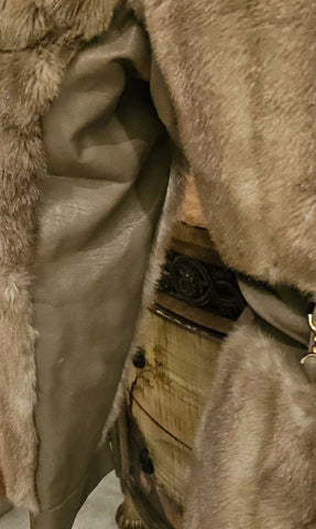 VINTAGE 60S TISSAVEL FAUX FUR LEATHER COAT BRONZE SATIN GOLD BUTTONS BELTED