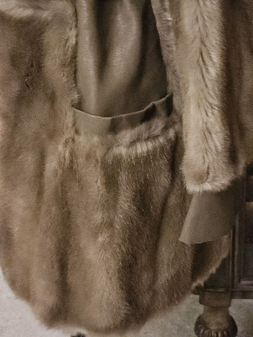 VINTAGE 60S TISSAVEL FAUX FUR LEATHER COAT BRONZE SATIN GOLD BUTTONS BELTED