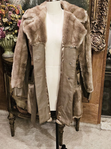 VINTAGE 60S TISSAVEL FAUX FUR LEATHER COAT BRONZE SATIN GOLD BUTTONS BELTED