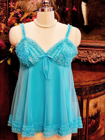 VINTAGE  1950s / 1960s TURQUOISE NYLON RUFFLED BABY DOLL SHORTY PAJAMA SET - ORIGINAL PANTIES