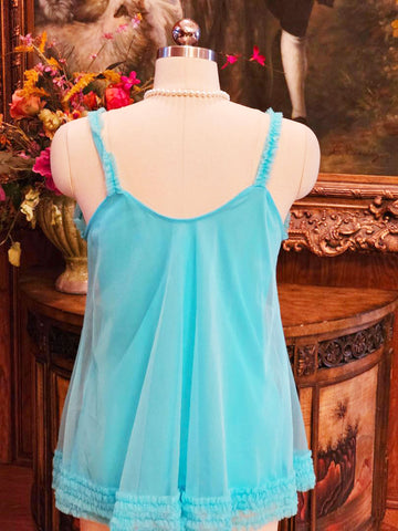 VINTAGE  1950s / 1960s TURQUOISE NYLON RUFFLED BABY DOLL SHORTY PAJAMA SET - ORIGINAL PANTIES