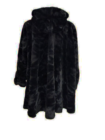 VINTAGE 60S 70S ULTRA FUR BLACK FAUX FUR COAT - HOODED GLAMOUR COAT MADE IN USA LARGE