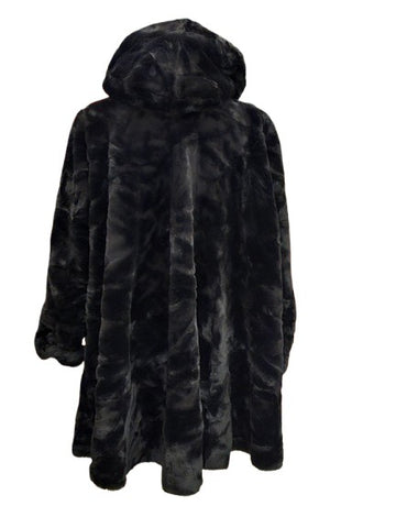VINTAGE 60S 70S ULTRA FUR BLACK FAUX FUR COAT - HOODED GLAMOUR COAT MADE IN USA LARGE