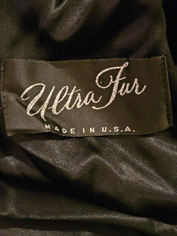 VINTAGE 60S 70S ULTRA FUR BLACK FAUX FUR COAT - HOODED GLAMOUR COAT MADE IN USA LARGE