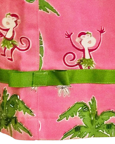 VINTAGE VANITY COLLECTION HAPPY MONKEYS IN HULA SKIRTS DRESS IN HOT PINK AND GREEN SEQUIN PALM TREES WITH GROSGRAIN BOWS