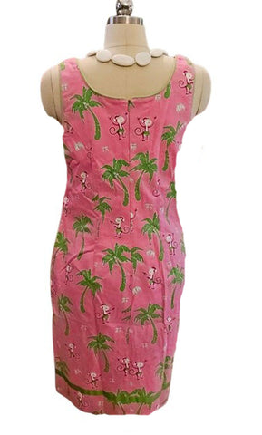 VINTAGE VANITY COLLECTION HAPPY MONKEYS IN HULA SKIRTS DRESS IN HOT PINK AND GREEN SEQUIN PALM TREES WITH GROSGRAIN BOWS