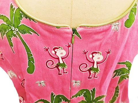 VINTAGE VANITY COLLECTION HAPPY MONKEYS IN HULA SKIRTS DRESS IN HOT PINK AND GREEN SEQUIN PALM TREES WITH GROSGRAIN BOWS