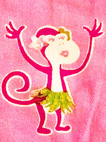 VINTAGE VANITY COLLECTION HAPPY MONKEYS IN HULA SKIRTS DRESS IN HOT PINK AND GREEN SEQUIN PALM TREES WITH GROSGRAIN BOWS