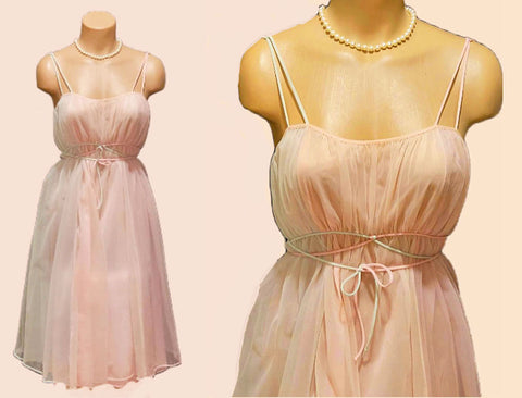 *  VINTAGE VANITY FAIR DOUBLE NYLON FANTASY NIGHTGOWN IN PINK AND MINT GREEN