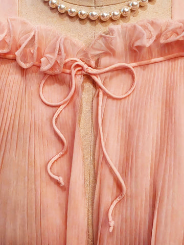 VINTAGE VANITY FAIR PLEATED BED JACKET IN PEACH PINK WITH RUFFLES & CURLY CUE TIE – NEW WITH TAG