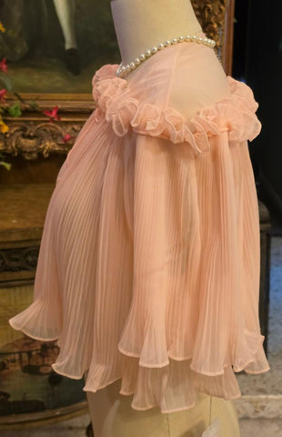 VINTAGE VANITY FAIR PLEATED BED JACKET IN PEACH PINK WITH RUFFLES & CURLY CUE TIE – NEW WITH TAG