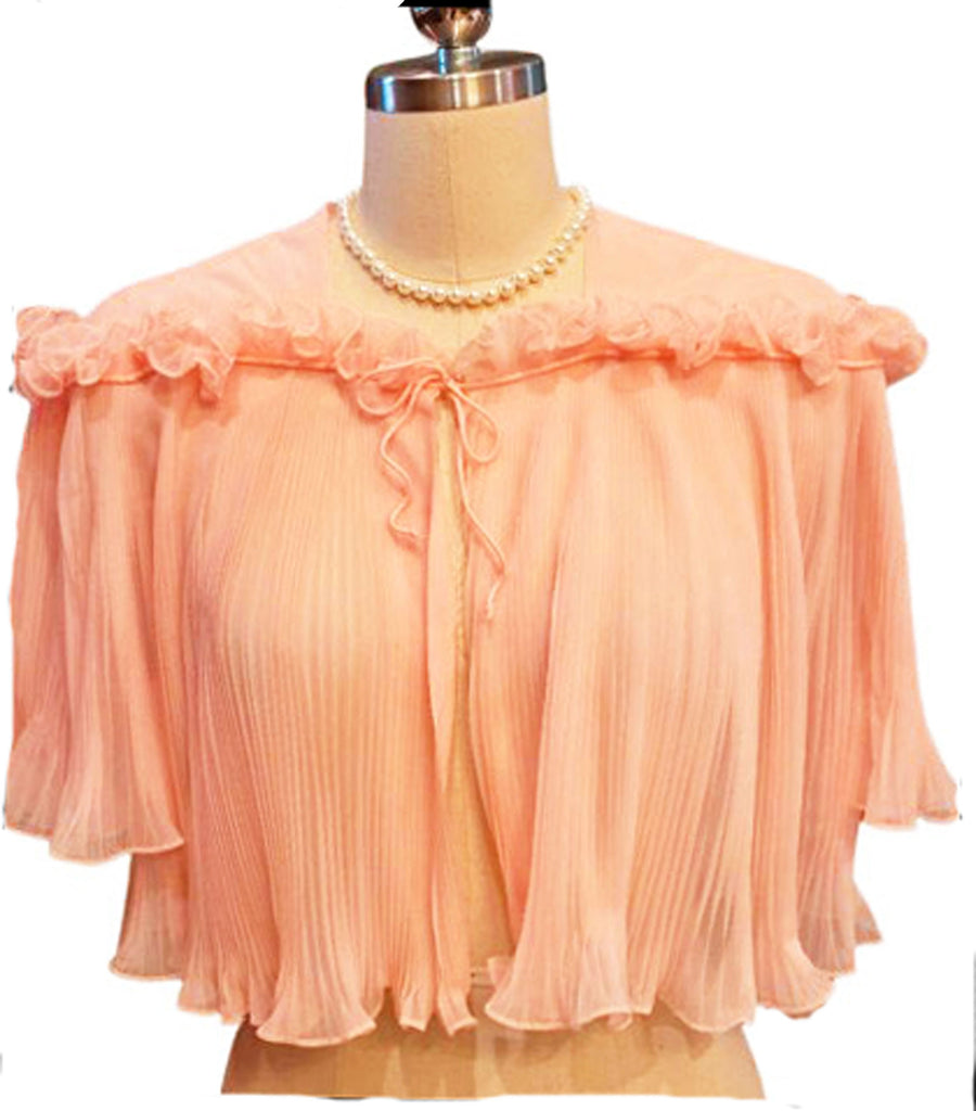 VINTAGE VANITY FAIR PLEATED BED JACKET IN PEACH PINK WITH RUFFLES & CURLY CUE TIE – NEW WITH TAG