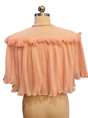 VINTAGE VANITY FAIR PLEATED BED JACKET IN PEACH PINK WITH RUFFLES & CURLY CUE TIE – NEW WITH TAG