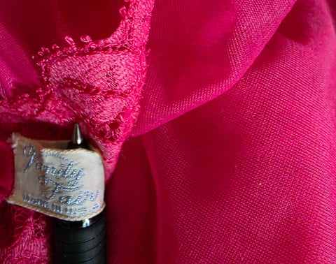 VINTAGE VANITY FAIR DOUBLE NYLON LACE APPLIQUE BEADED NIGHTGOWN IN RIPE RASPBERRY - EXTRA SMALL