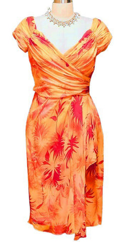 VICTOR COSTA SILK COCKTAIL DRESS NWT TROPICAL SUNSET DRAPED SHIRRED DESIGNER NEIMAN MARCUS