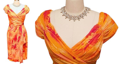 VICTOR COSTA SILK COCKTAIL DRESS NWT TROPICAL SUNSET DRAPED SHIRRED DESIGNER NEIMAN MARCUS