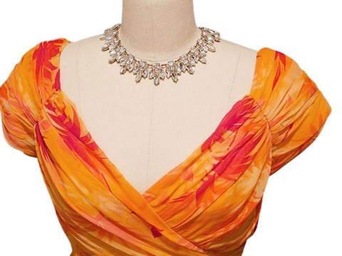 VICTOR COSTA SILK COCKTAIL DRESS NWT TROPICAL SUNSET DRAPED SHIRRED DESIGNER NEIMAN MARCUS