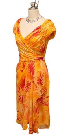 VICTOR COSTA SILK COCKTAIL DRESS NWT TROPICAL SUNSET DRAPED SHIRRED DESIGNER NEIMAN MARCUS