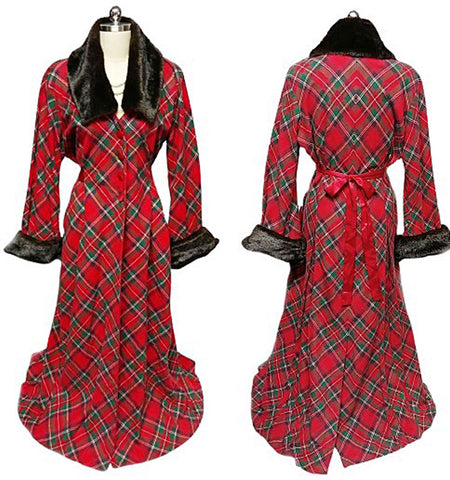 NEW OLD STOCK WITH TAGS - GORGEOUS VINTAGE VICTORIA'S SECRET RED PLAID DRESSING GOWN / HOSTESS DRESS ADORNED WITH FAUX FUR COLLAR & CUFFS WITH A GRAND SWEEP - PERFECT FOR CHRISTMAS ENTERTAINING OR WHEN OPENING PRESENTS