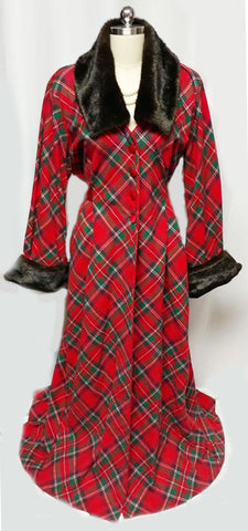 GORGEOUS RED PLAID DRESSING GOWN / HOSTESS DRESS ADORNED WITH FAUX FUR COLLAR & CUFFS WITH A GRAND SWEEP - PERFECT FOR CHRISTMAS ENTERTAINING OR WHEN OPENING PRESENTS