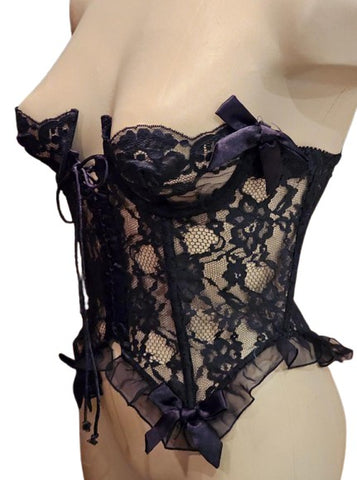 VINTAGE '80s VICTORIA'S SECRET BLACK LACE MERRY WIDOW WITH BOWS & DEMI-CUPS - 32 B