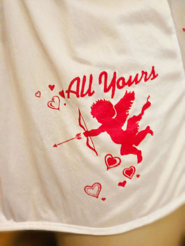 VINTAGE WHITE NYLON PANTIES – VALENTINE CUPID & HEARTS PRINT WITH SHEER HEARTS BACK – SILKY LINGERIE ONE SIZE