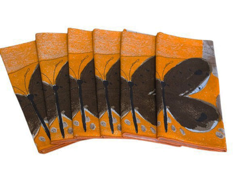 VINTAGE NEW VERA NEUMANN BUTTERFLY LINEN NAPKINS - SET OF 6 - ORANGE BROWN CREAM - MID CENTURY STYLE